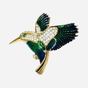Vintage Attwood & Sawyer Enamel Crystal Embellished Hummingbird Brooch